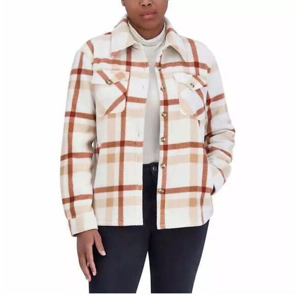 SAGE Women's M Plush Shirt Jacket Copper Rust Plaid Button Up Sherpa Lined NWT - Picture 2 of 9